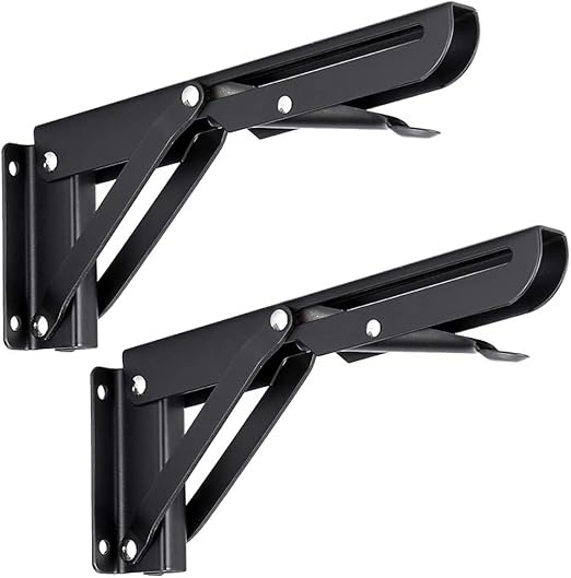 20444 Sturdy Folding Shelf Brackets - Heavy Duty Black Metal Triangle Table Bench Folding Shelf Bracket 20 CM, 2 Pcs Folding Shelf Hinge Wall Mounted