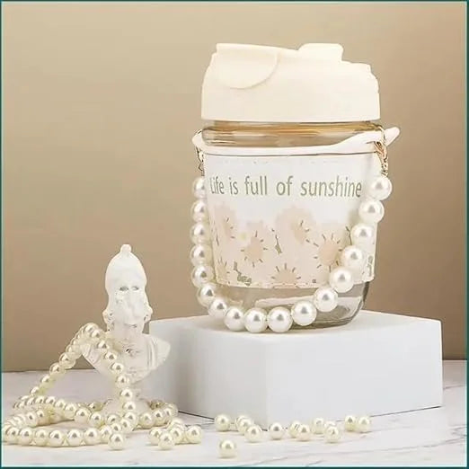 20068 Cute Pearl Cup, with Tote Chain Double Drink Straw for Summer Girls Coffee Water Cup, Tulip Glass Water Cup