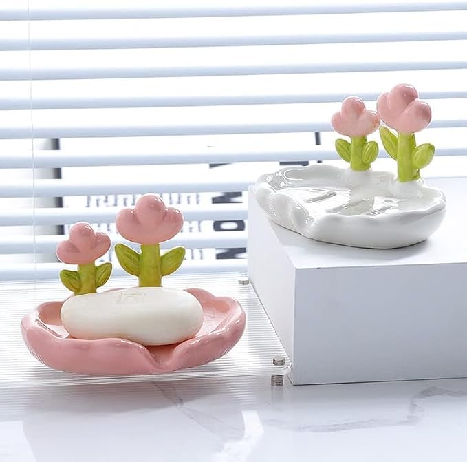 21077 Bathroom Soap Dish,Kitchen Sink Soap Tray,Ceramic Soap Dish Holder,Self-Draining and Multiple Styles for Bathroom Kitchen Accessories Extend Soap Life,Easy Dry