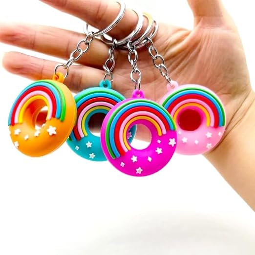 20506 {Pack of 12 } Rainbow & Stars Detail Donut Shape Keychain PVC Soft Doughnut Key Chains for Car, Scooty, Girls Boys Gifts, Birthday, Charm Sweet Keychain, Bag Pendant