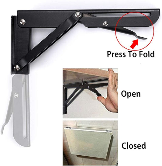 20444 Sturdy Folding Shelf Brackets - Heavy Duty Black Metal Triangle Table Bench Folding Shelf Bracket 20 CM, 2 Pcs Folding Shelf Hinge Wall Mounted
