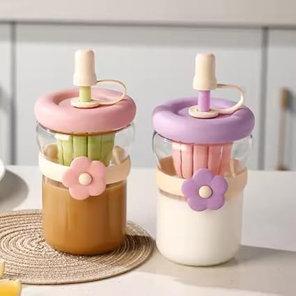 20723 500ml Glass Sipper Bottle with Flower Band | Leakproof Straw Bottle with Built-in Juicer | Cute Aesthetic Drinkware for Kids & Adults (Multicolor)