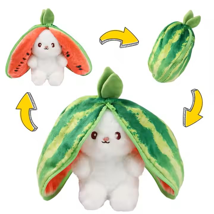 20339 Reversible Rabbit Soft Plush Toy for Baby Girls – Green Watermelon Bunny Teddy with Zipper | Cute Stuffed Plushie Birthday Gift Décor for Toddlers & Kids