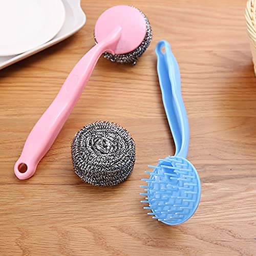 20973 Stainless Steel Scrubbers with Handle - 1 Handles + 3 Scrubber - Cleaning Ball Utensil Metal Scrubber Scouring Pads Ball for Pot, Pan, Dish Wash, Cleaning Rust, Dirty Cleaner {Muticolor}