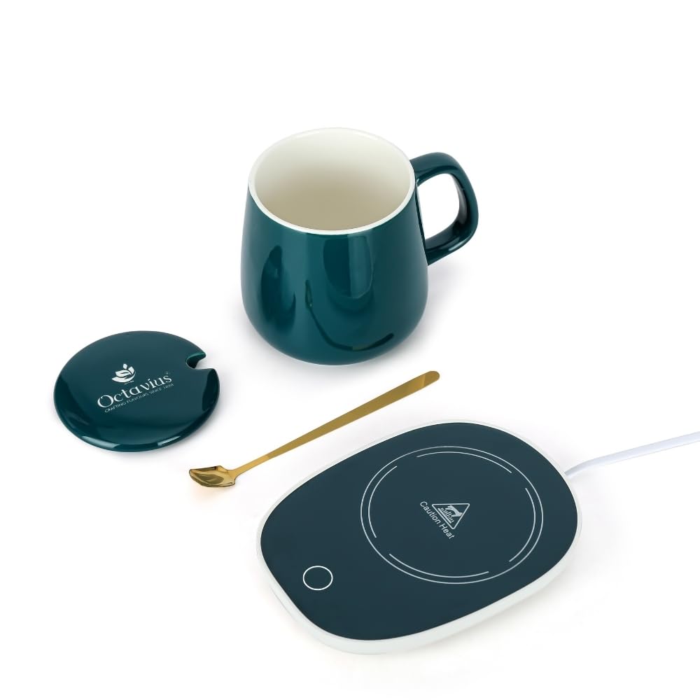 20176 Tea/Coffee Mug Warmer - 350 Ml | Heating Function Electric Warmer Plate with Auto Shut Off | for Home and Office Use | Includes: Mug, Lid and Heating Plate - Green