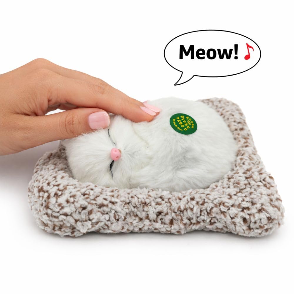 1676 Plush Sleeping Cat Decorative Toy with Pink Nose, White Fluffy Fur, Car Dashboard Display