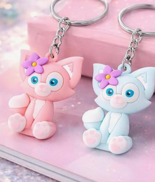 20893 {Pack of 12} Cute Cat Keychain for Girls & Kids – Soft PVC Cartoon Animal Key Ring with Flower Design, Multicolor Keychain for Bag, Car, Bike & Gift Use