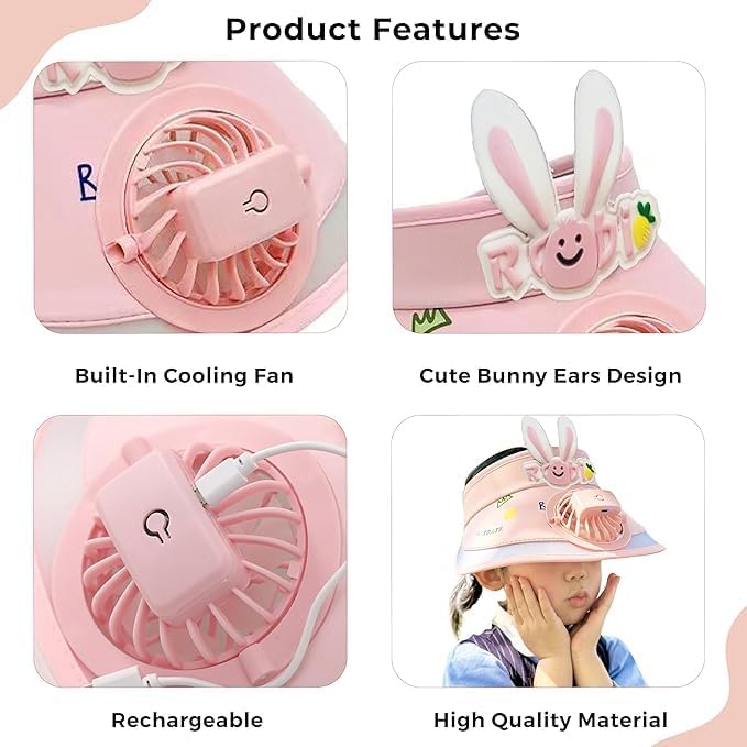 21336 USB Rechargeable Cute Cartoon Styled Sun Visors Cap with 3 Gear Adjustable Wind Speed Fan UV Sun Protection Sunshade Hat Mini Empty Top Random Colur Multicolour