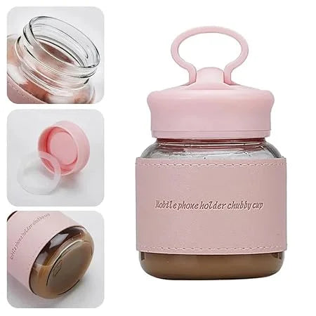 20161 Glass Water Bottle 300ml – Pangpang Chubby Cup Design with Mobile Phone Holder {Multicolor}