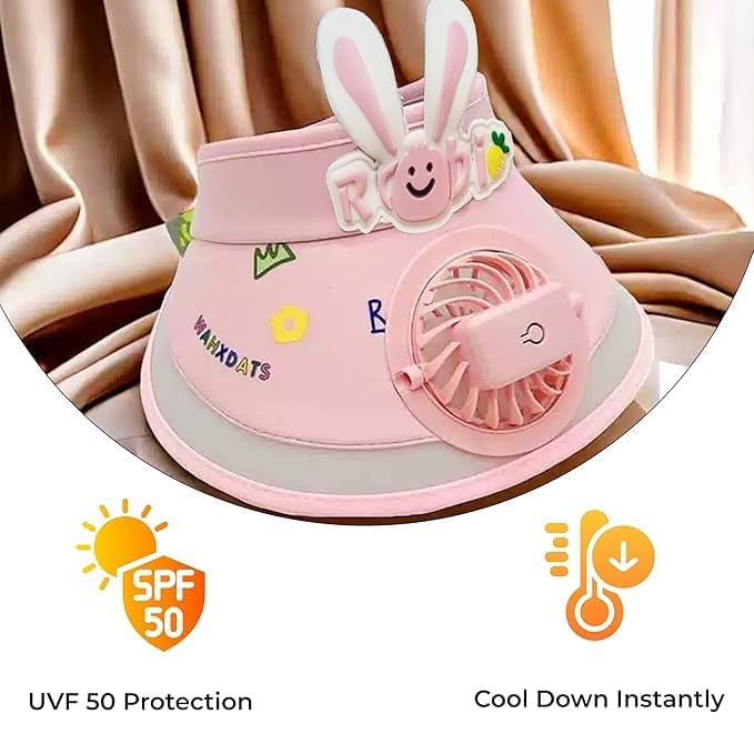 21336 USB Rechargeable Cute Cartoon Styled Sun Visors Cap with 3 Gear Adjustable Wind Speed Fan UV Sun Protection Sunshade Hat Mini Empty Top Random Colur Multicolour