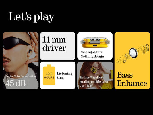 20432  Wireless Earbuds, 45dB Hybrid Noise Cancelling, Hi-Res Audio, Advanced Equaliser, Dual Connect, 6 Mics, 42.5H Playtime, Bluetooth Yellow