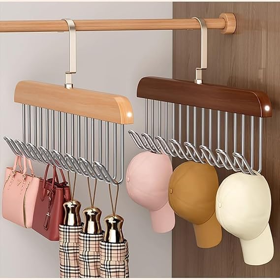 20877 Multi Purpose 8 Hook Wooden Hangers,Wooden Belt Hanger, Tie 8 Hook Hanger,Closet Hangers, Foldable Hooks Wood Hanger