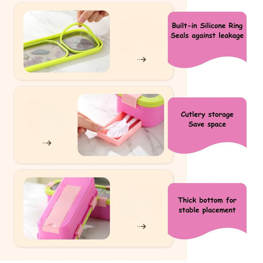 20482 Stainless Steel Kids Lunch Box 2 Compartment 600 ml Purple Astronaut Cartoon Design Tiffin Box with Spoon & Fork for School Leak Proof Resistant BPA Free Boys & Girls {Random Design}