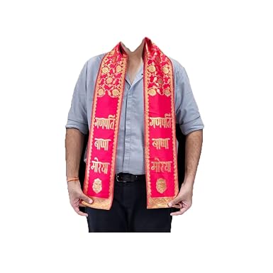 21123 {Pack of 12} Ganpati Bappa Maurya Velvet Stole/Patka/Duppata/Phatka/Scarf/Chunni/Khesh Golden Floral Printed Red Stole