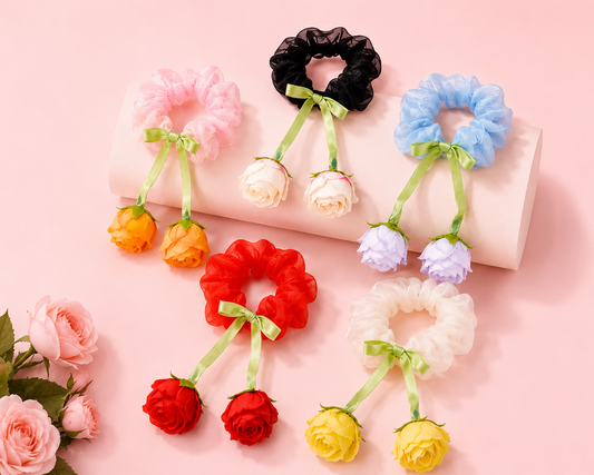 4124 Rose Flower with Bow Ribbon Scrunchies Satin Silk Elastic Strechy Hair Ties Latest Stylish Rubber band Causal {Random Color}