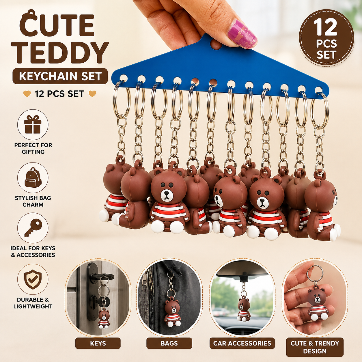 20885 {Pack of 12} Cute Teddy Bear Keychain Set for Kids
