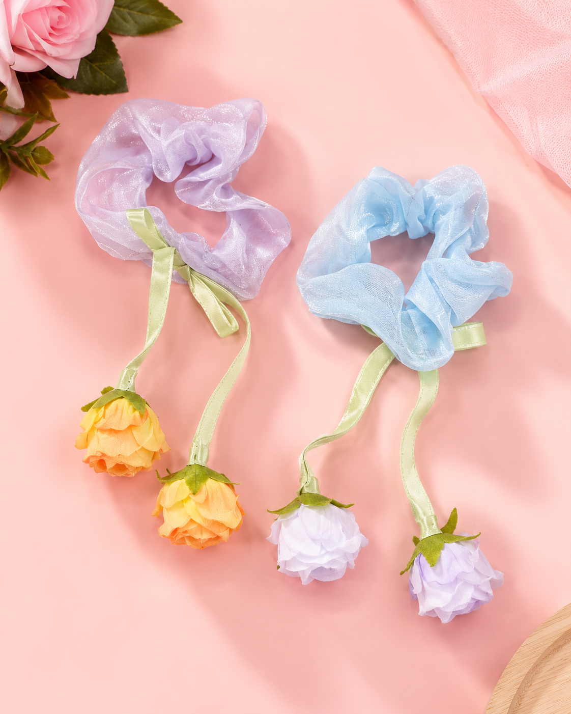 4124 Rose Flower with Bow Ribbon Scrunchies Satin Silk Elastic Strechy Hair Ties Latest Stylish Rubber band Causal {Random Color}