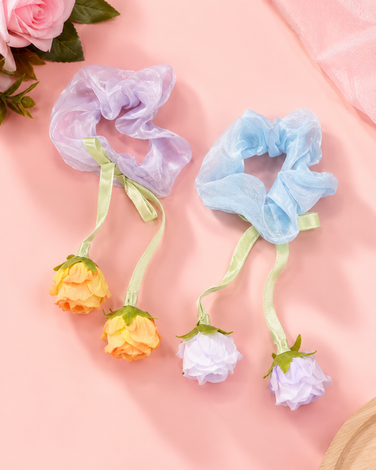 4124 Rose Flower with Bow Ribbon Scrunchies Satin Silk Elastic Strechy Hair Ties Latest Stylish Rubber band Causal {Random Color}