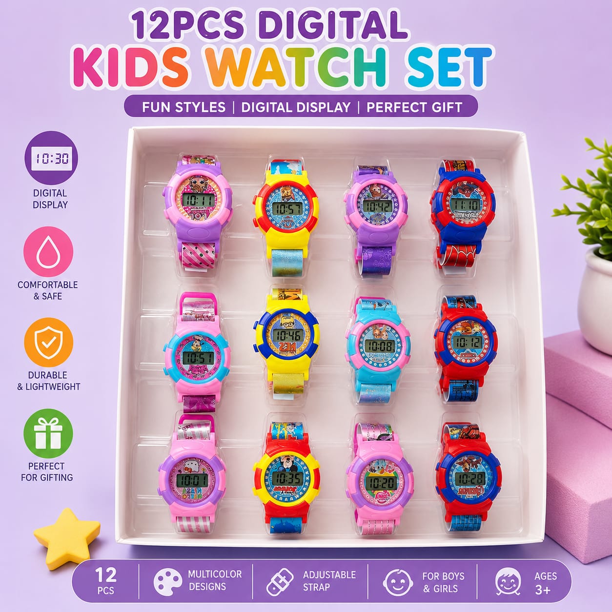 21026 (12 Pcs) Digital Kids Watch Set – Multicolor Adjustable Strap Watches for Boys & Girls