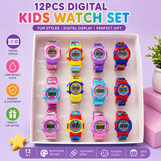 21026 (12 Pcs) Digital Kids Watch Set – Multicolor Adjustable Strap Watches for Boys & Girls