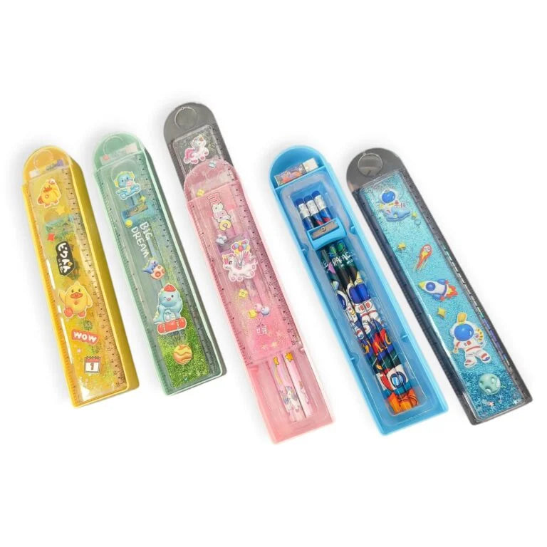 576-2 Plastic Pencil Box with Slide Ruler , Birthday Return Gifts for Kids {Random Color}