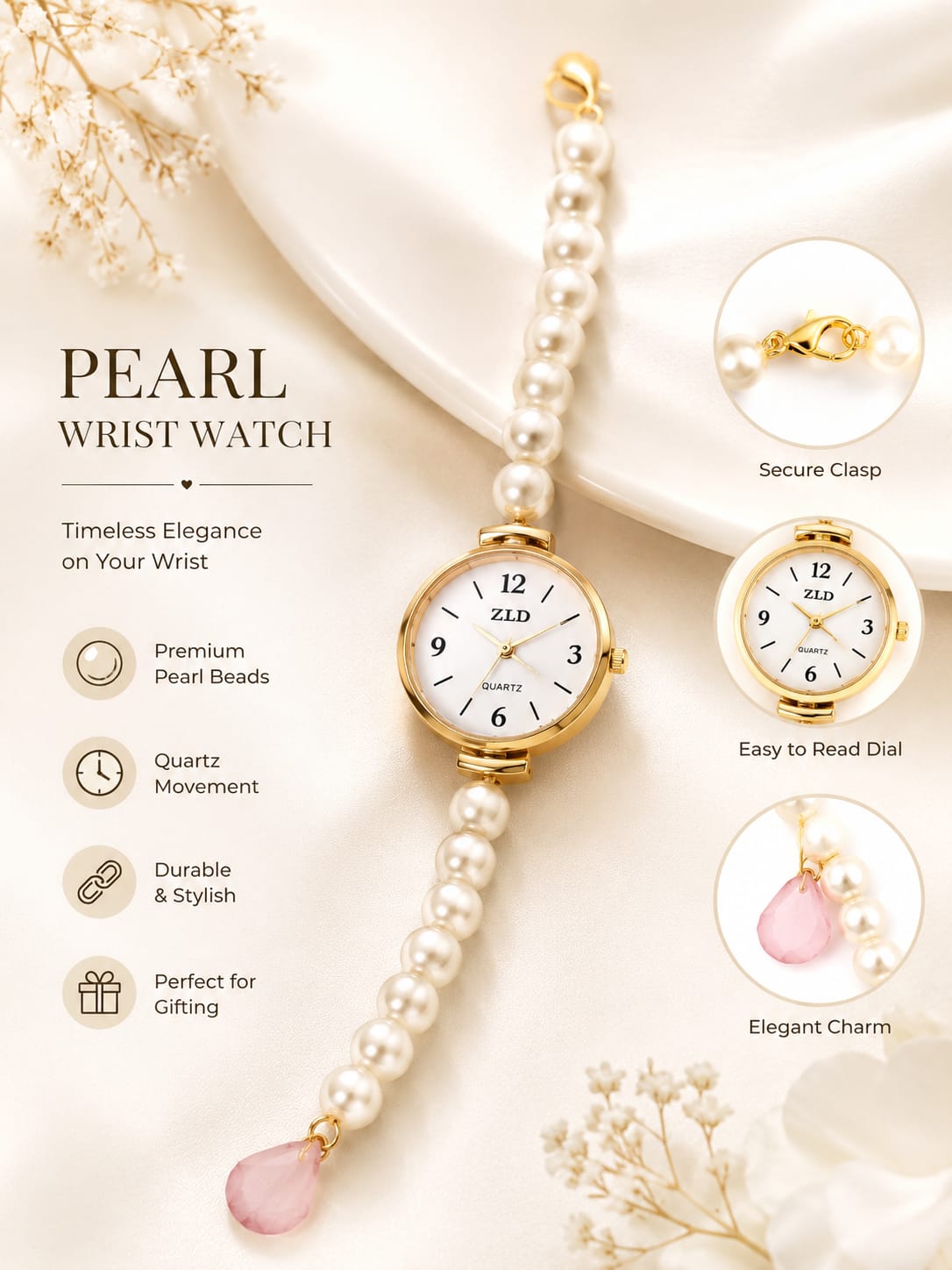 21076 Elegant Pearl Beaded Wrist Watch for Women & Girls – Stylish Gold-Tone Bracelet Watch