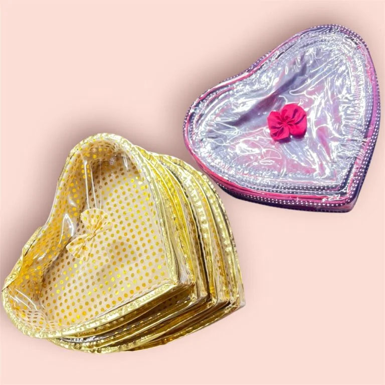 11240 Set – Pack Of 4 Pouch Heart Shape Transparent Jewellery Organiser Pouch Multipurpose Makeup Cosmetics Bag Travelling Pouch Dulhan Wordrobe Organiser {Random Design}