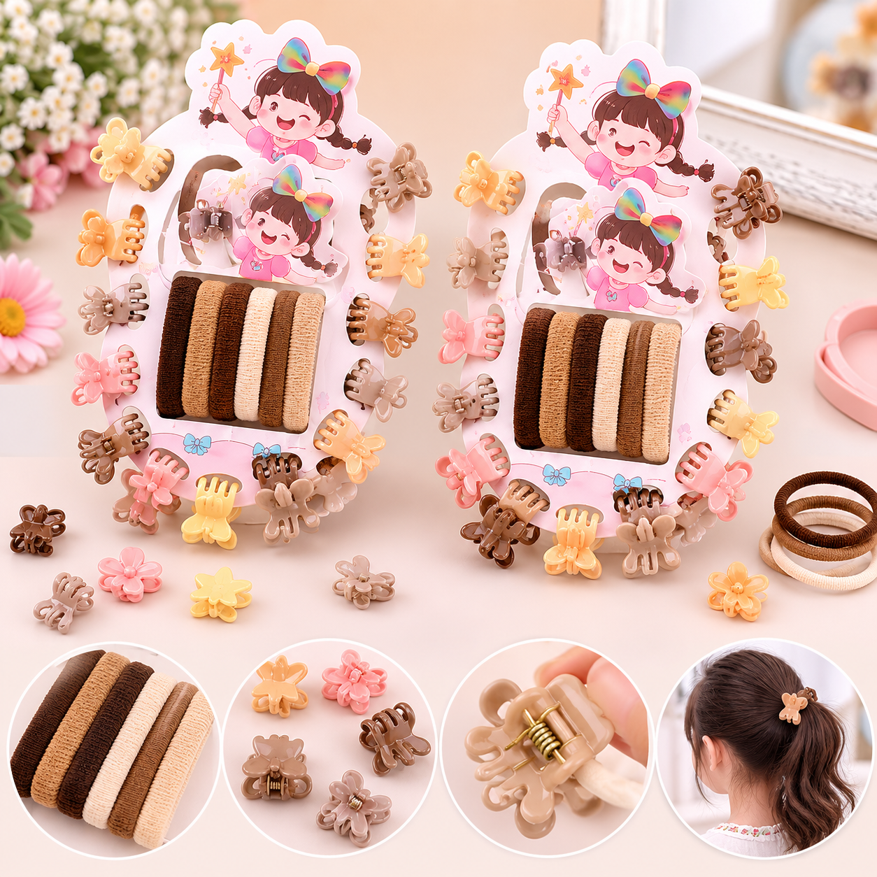 BSB1352 {12 Pcs} Kids Hair Accessories Set | Mini Claw Hair Clips & Soft Elastic Hair Bands | Cute Multicolor Hair Accessories for Girls