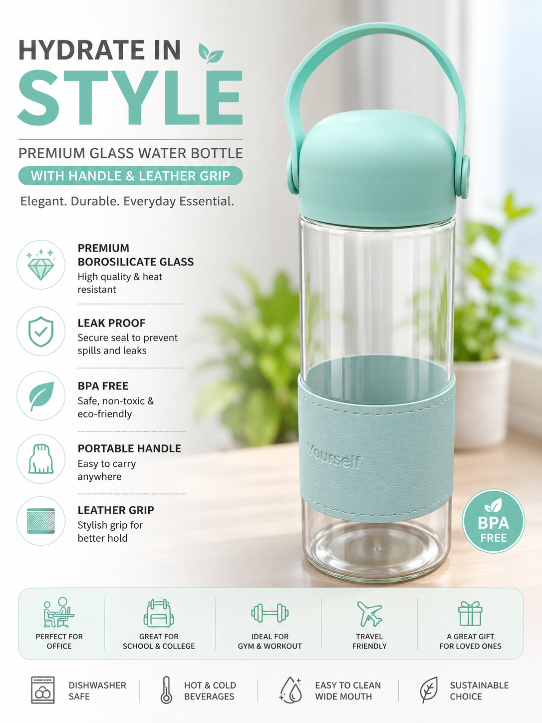 20733 Premium Glass Water Bottle with Handle | Leakproof BPA Free Drinking Bottle | Portable Water Flask for Office, Gym & Travel {Random Color}