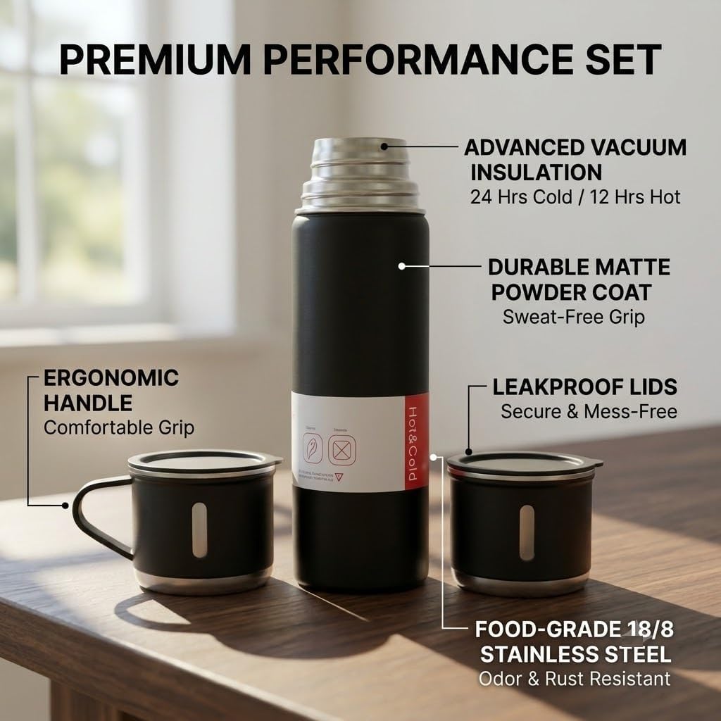 21278 Classic Black 500ml Stainless Steel Vacuum Insulated Thermal Flask with Twin Cups, Leakproof Hot & Cold Water Bottle for Travel, Office & Daily Use