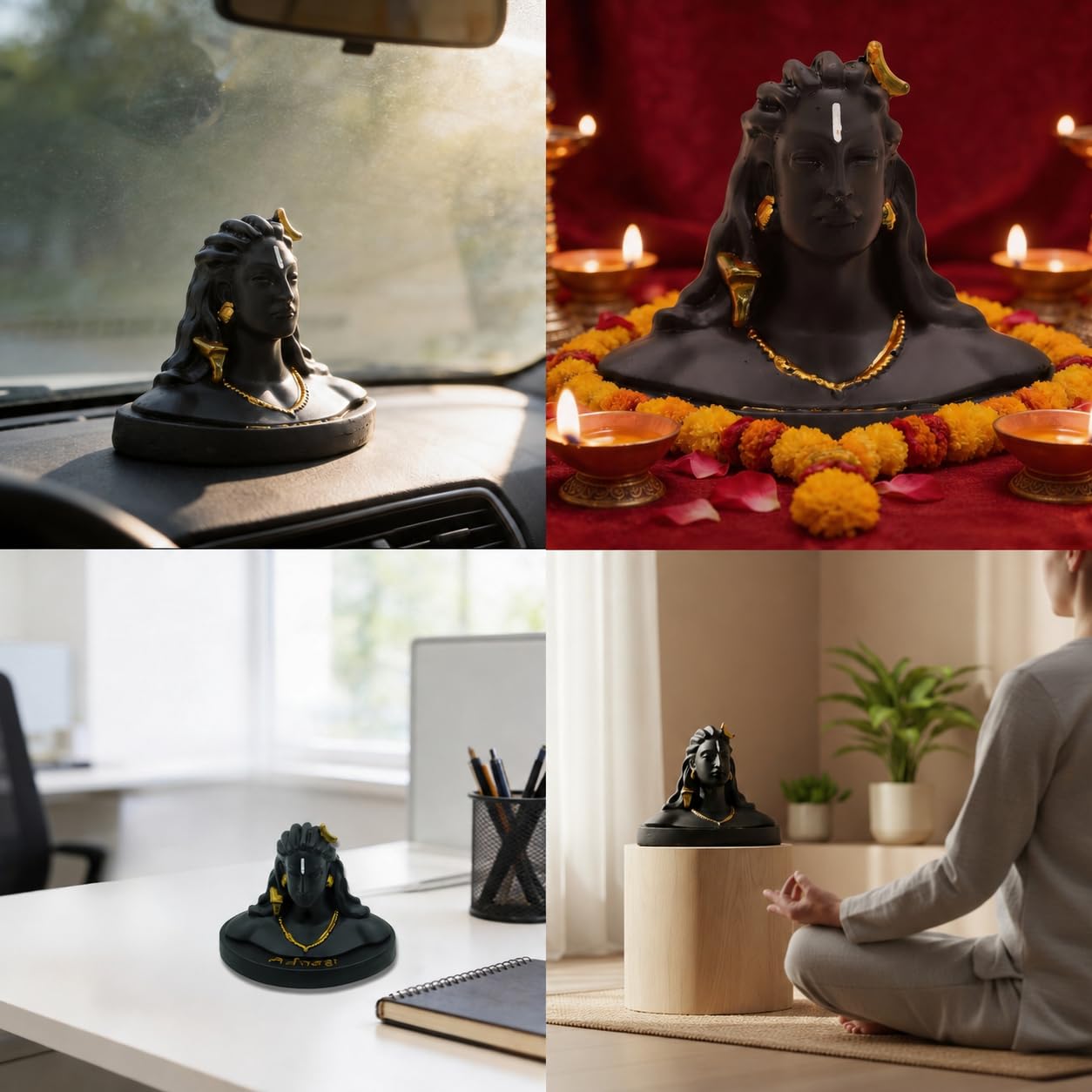 21127 Premium Matte Black Adiyogi Lord Shiva Idol with Gold Accents | Miniature Mahadev Murti for Car Dashboard, Office Desk & Home Decor