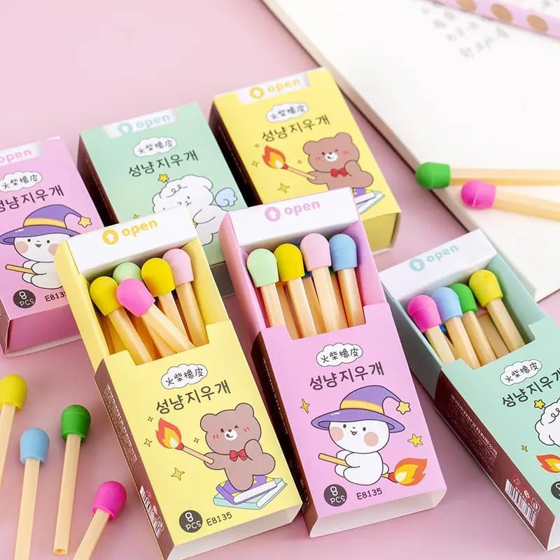 E8135 Matchstick Shape Eraser Set for Kids, Cute Matchbox Design, 8 Mini Cartoon Rubber Erasers, for School, Drawing & Stationery Collection