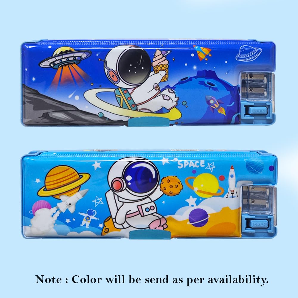 20435 Plastic Pencil Box with LED Light| Compartments and Dual Sharpener, Magnetic Lock, Pencil Box for Boys (Random Design)