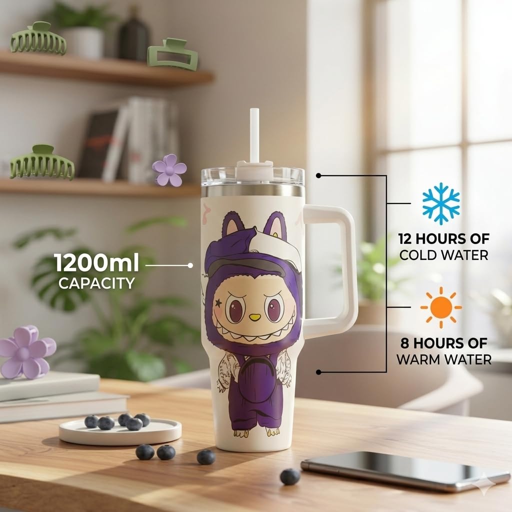 20470 Stainless Steel Labubu Tumbler with Handle lid and Straw, Vacuum Insulated Hot & Cold Leak-Proof Travel Mug, Water Cup for Gym, Office & Outdoor Use {1200ML}