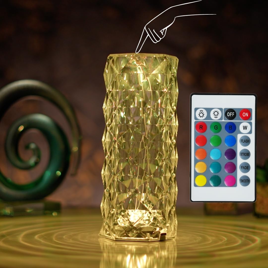 20171 Color Changing Rose Crystal Diamond Table Lamp,USB Rechargeable Touch Bedside Lamp Night Light with Remote Control