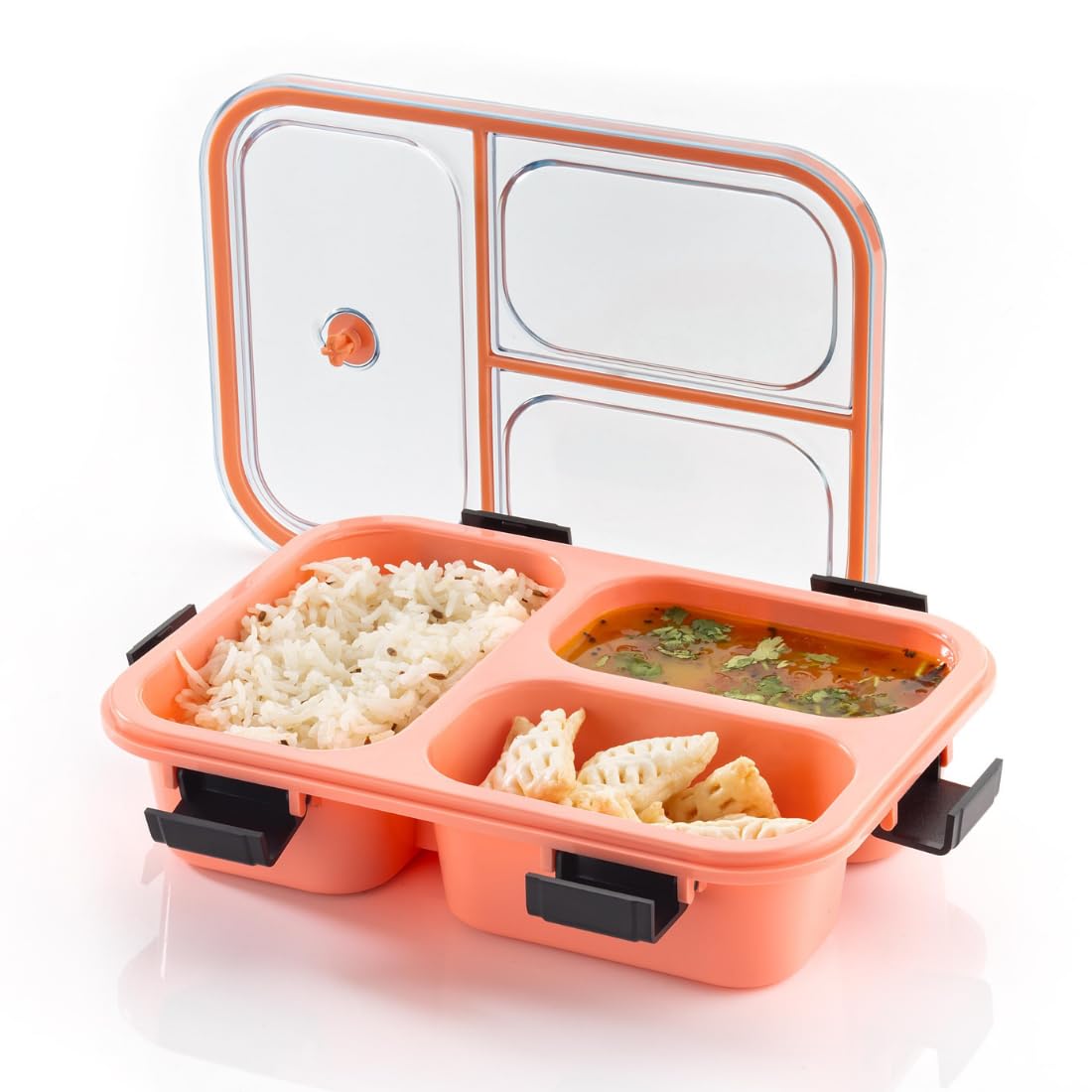 10512 3 Compartment Transparent Lid Tiffin Lunch Box | Silicone Seal Ring | For Kids And Adults Office Women And Men