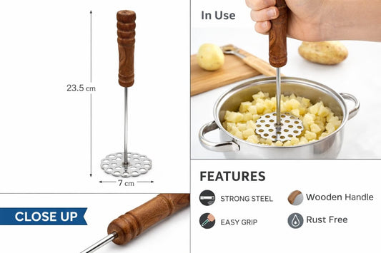 21247 Stainless Steel Press Floral Flower Shape Potato Masher | Wooden Handle Potato Masher, Stainless Steel, Kitchen Tool, Manual Masher