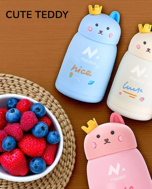 11241 Cute Teddy Glass Bottle – 360ml Leak-Proof Kids Water Bottle with Safety Outer Plastic Cover