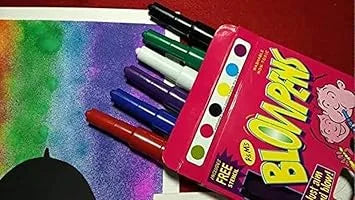 117 Magic Blow Pens Set of 6 Pc Colour Spray Blowpen with Sketch Pens at One End and Blow Pens at Other 3 Paper Stencils Washable