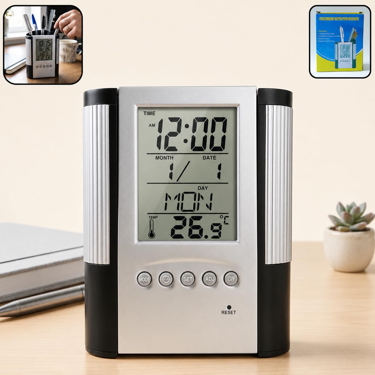 21105 Digital Clock Pen Holder for Smart Desk Setup, LCD Time Calendar Temperature Display & Alarm