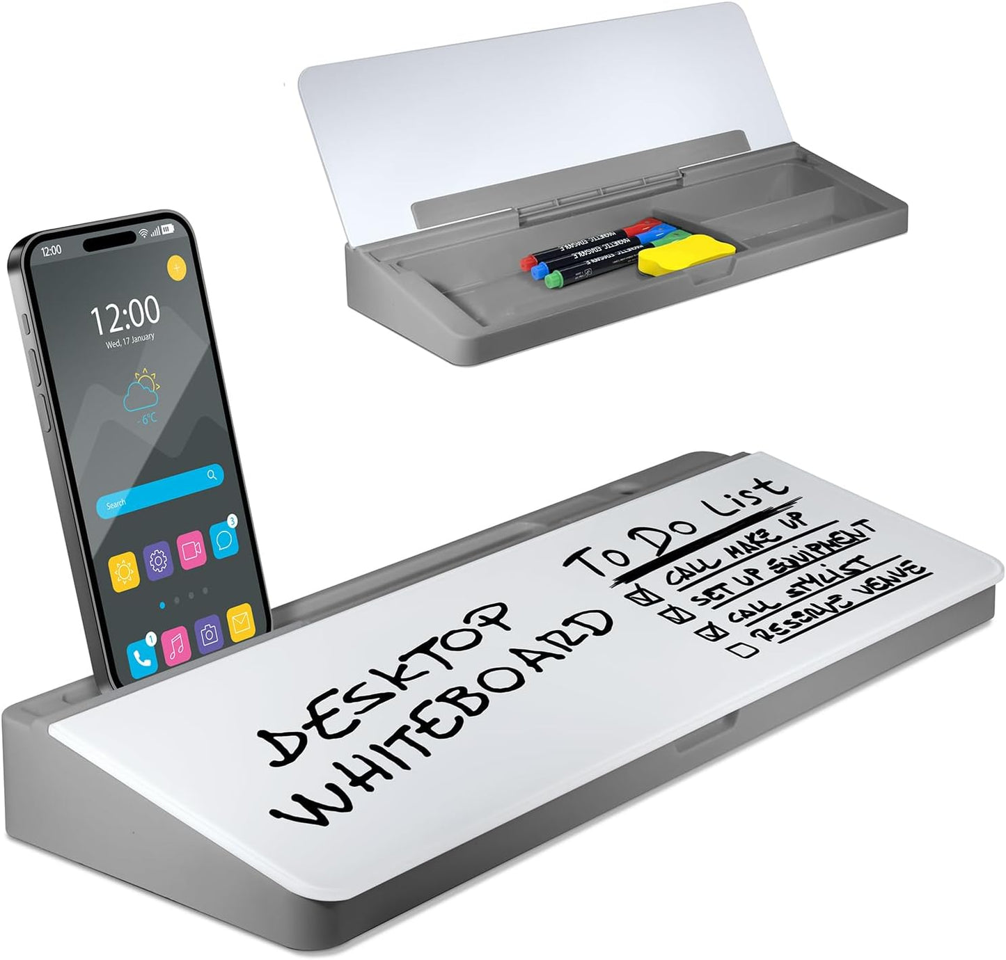 20965 Desktop Whiteboard - Glass Dry Erase White Board - Desk Computer Buddy – Home Office & Studying Essentials - Desktop Pad with Phone & Tablet Slot, Storage Compartment