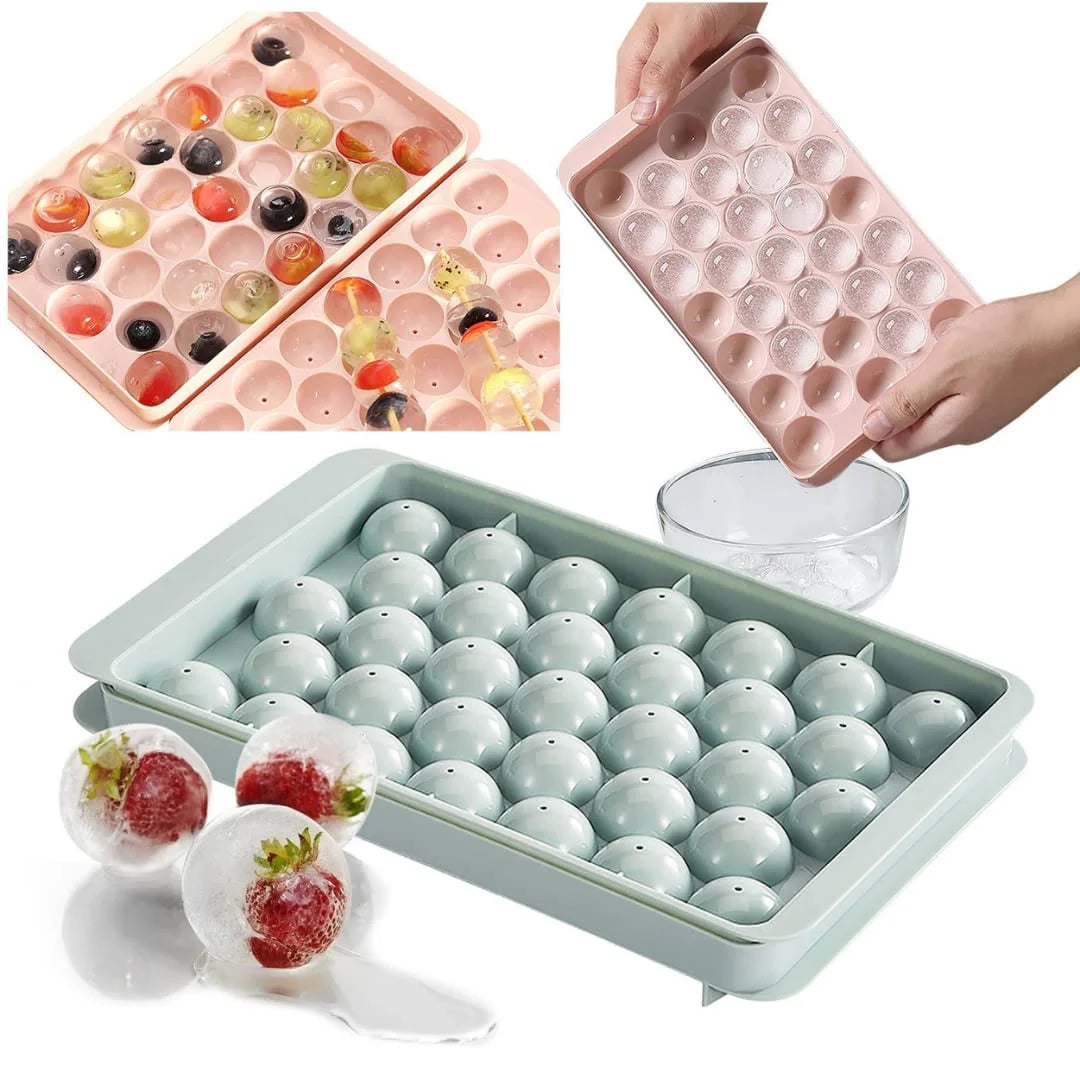 10310 Silicone Ice Cube Trays, Round Silicone Ice Cube Tray with Lid, 33 Compartments Ice Cube Tray for Freezer, Cocktails, Whisky, Tea and Coffee