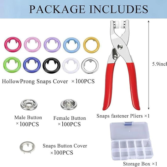 10387 Home use Metal Fasteners with Hand Pliers Tool Button Press Machine for Clothes snap100 Sets Eyelets Button kit