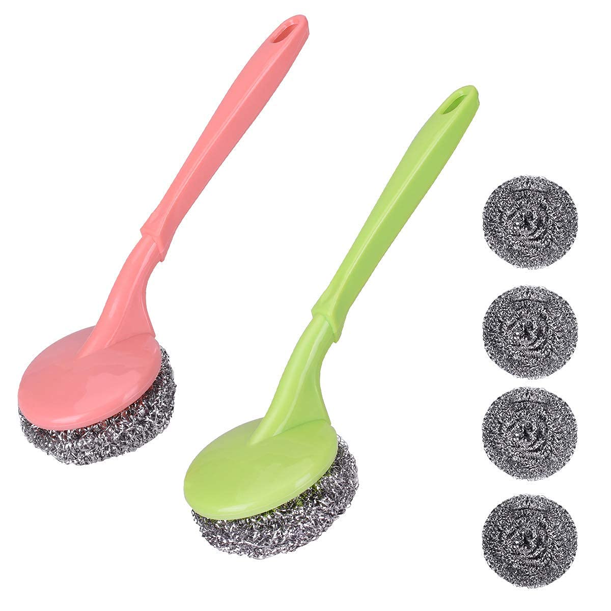 20973 Stainless Steel Scrubbers with Handle - 1 Handles + 3 Scrubber - Cleaning Ball Utensil Metal Scrubber Scouring Pads Ball for Pot, Pan, Dish Wash, Cleaning Rust, Dirty Cleaner {Muticolor}