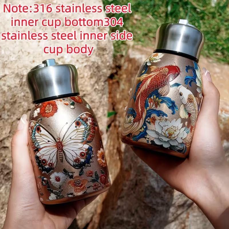 20568 Stainless Steel Small Water Bottle 300ML, Stylish & Portable Mini Insulated Thermos Cup, Butterfly Pattern Water Bottle for Vacuum Flask Hot & Cold Drinks for Gym
