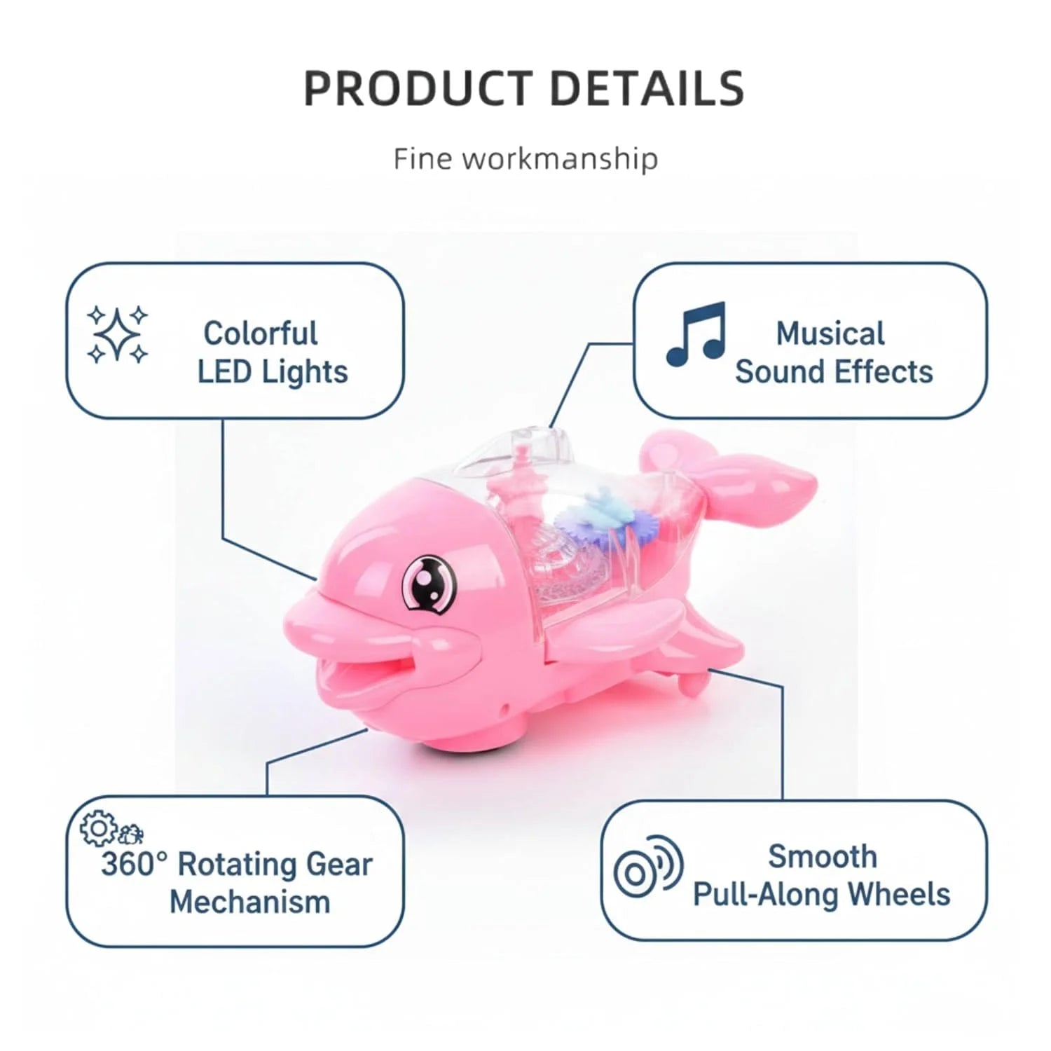 1861-66C Electric Gear Dolphin Toy with Flashing Lights and Music, 360 Degree Rotating Transparent Dolphin Toy, Light and Sound Toys for Children (Multicolour)
