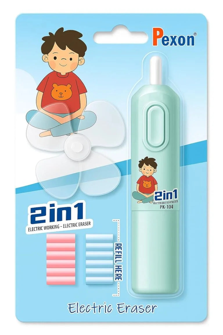 PX-108 Cute Cartoon Print Electric Pencil Erasers with Fan and 12 Refills Set for Kids