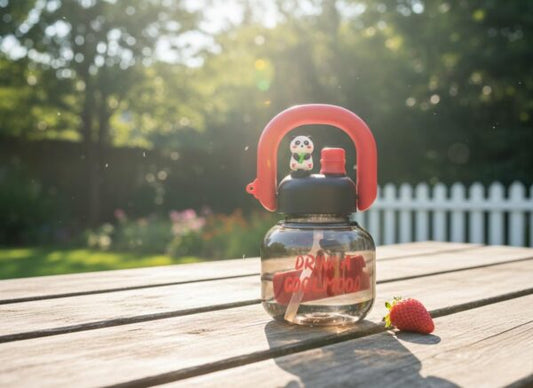 CK-3353 Cute Big Kettle Design 800ML Plastic Water Bottle with Panda & Heart-Shaped Cap ,Direct Sip & Straw Lid