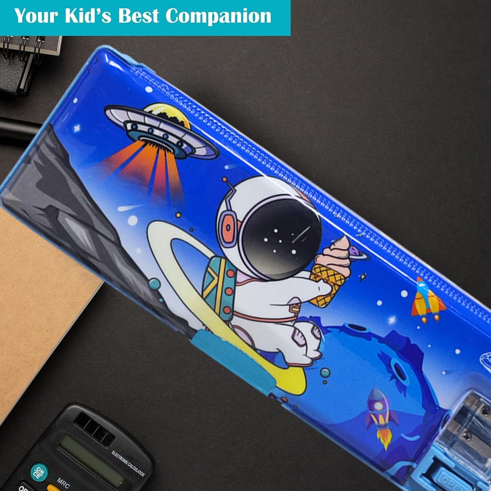 20435 Plastic Pencil Box with LED Light| Compartments and Dual Sharpener, Magnetic Lock, Pencil Box for Boys (Random Design)