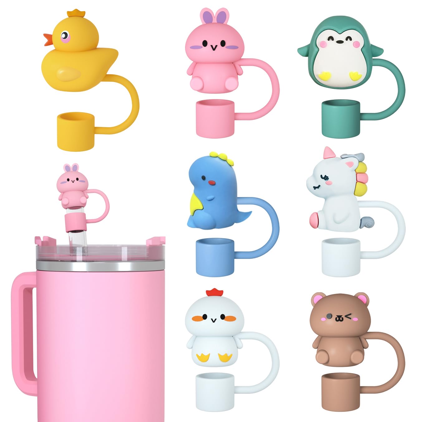 20774 Animal Cute Straw Cover Cap for Stanley Cup, Silicone Straw Topper for 30&40 Oz Stanley Tumbler with Handle {Random Color}